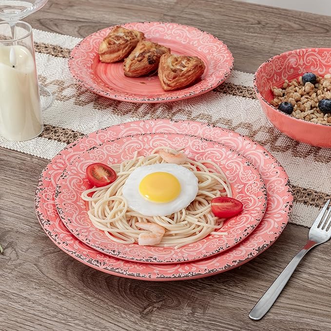 12-Piece Farmhouse Melamine Dinnerware Set Elegant Unbreakable plates and bowls sets BPA Free Dinner Dishes serving Set Service for 4 Perfect for Indoor/Outdoor Dining Peach pink Red