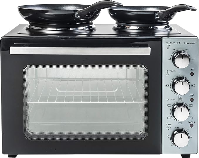 Bestron AOV31CP Small Kitchen Mini Oven with Double Hob Top/Bottom Heat with Convection Air up to 230 ° C 3200 Watt Black