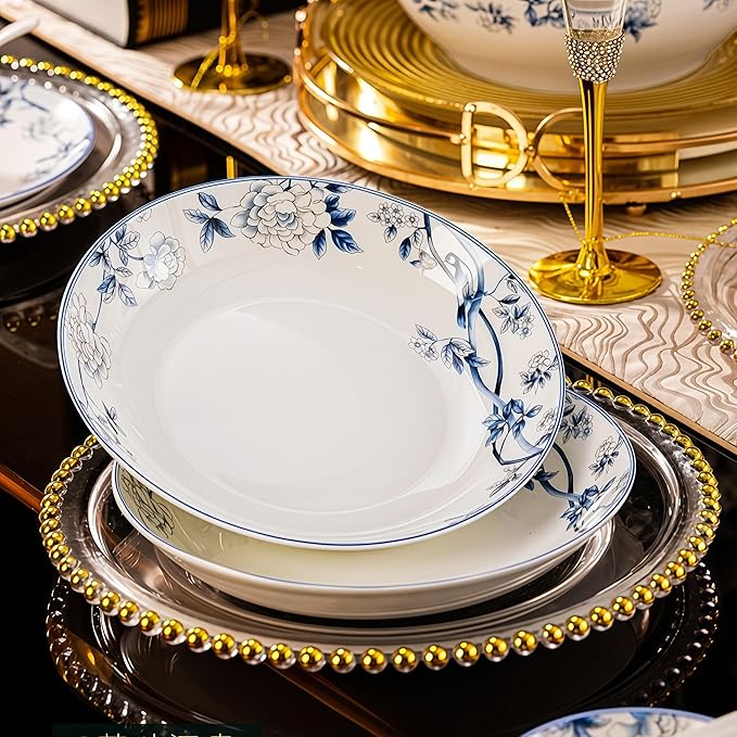 Fine Bone China Dinnerware SetPorcelain&ampCeramic Dinnerware SetsBone Stoneware &ampCeramic Cookware Tableware Set Includes Dinner Plates|Spoons|Pasta Bowls|Soup Pot|Chopsticks (56 PCS)