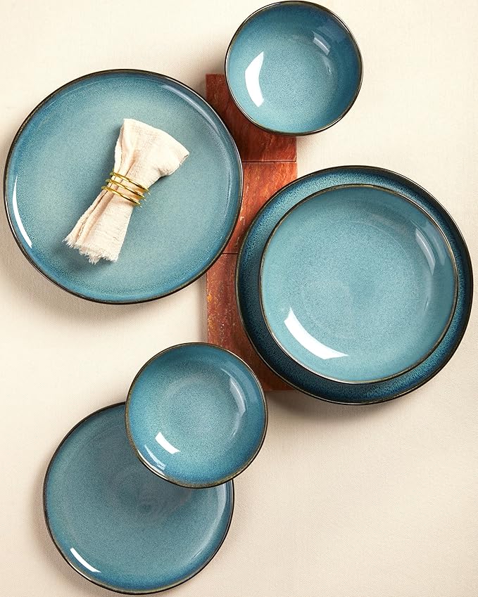 24 Pieces Dinnerware Set for 6 with Pasta Bowls Complete Ceramic Dish Set Stackable &amp Glossy Stoneware Plate and Bowl Set for Effortless Everyday Hosting Green Black
