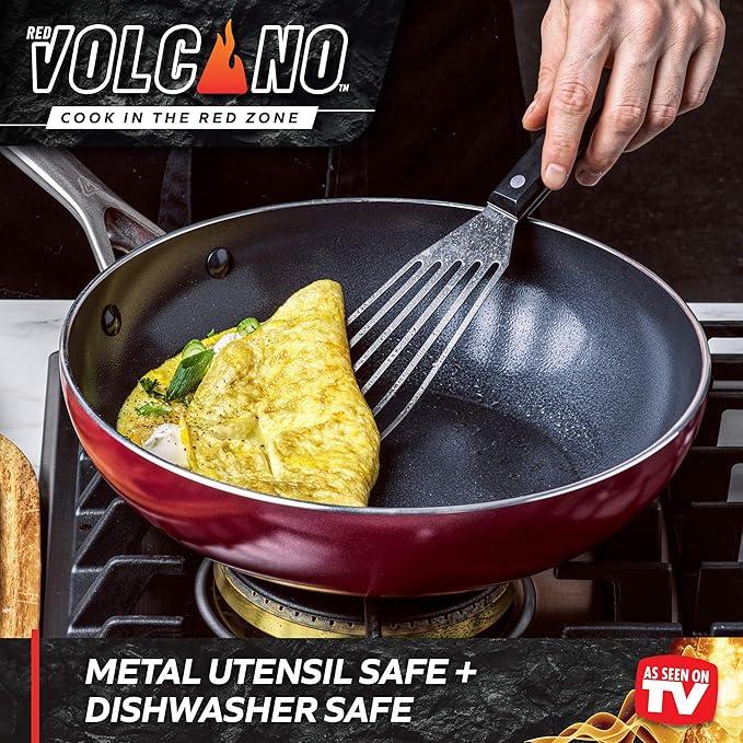 Textured Ceramic Nonstick 11 Flat Bottom Wok Stir-Fry Pan with Lid for High Heat Cooking Oven &amp Broiler Safe to 600 Degrees Dishwasher Safe PFAS PFOA &amp PTFE Free Red