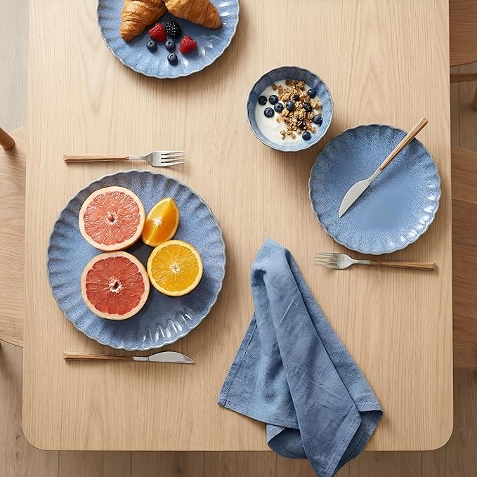 Sango 12 Pieces Stoneware Dinnerware Set Modern Reactive Blue Dishes for 4 Premium Serving Plates and Bowls Sets Chip Resistant Plate Ceramic Dishware Kitchen Dish Set Scallop Dining Ware Frill