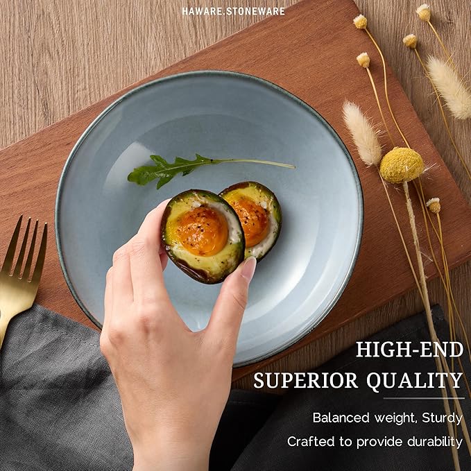 HaWare Plates and Bowls Set Stoneware Dinnerware Sets 24-Piece Hand-painted Dishware for 6 Ceramic Dinner Set for Home Kitchen Scratch Resistant Microwave and Dishwasher Safe Reactive Foggy Blue