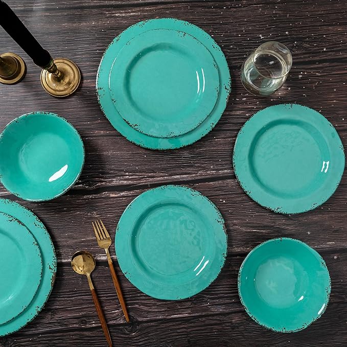18-Piece Farmhouse Melamine Dinnerware Set - Shatterproof Lightweight and Durable Outdoor Dining Plates Bowls and Serving Dishes for Everyday Use Camping and Picnics Light Green