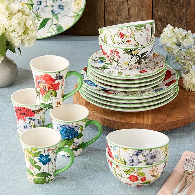 Greenhouse 16-Piece Dinnerware Set Service for 4 Botanical Patterns with Butterflies &amp Dragonflies Durable &amp Stylish Perfect for Brunches Family Dinners &amp Nature-Inspired Tablescapes