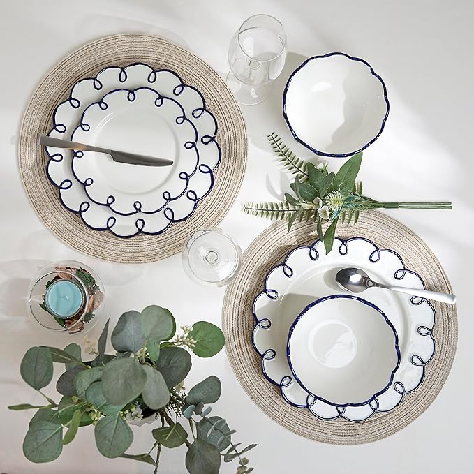 Sango 12-Piece Earthenware Dinnerware Set for 4 Glossy White Plates and Bowls Sets with Navy Scalloped Rims Premium Dish Set Dishes for Hosting Parties Birthday &amp Wedding Gifts Splash of Chee