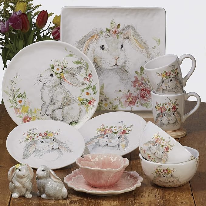 Sweet Bunny 16pc DINNERWARE SET for 4 Ceramic Easter Bunny Plates and Bowls Set Spring Tabletop Collection Durable Glazed Finish Dishwasher Safe Re-Mailer Packaging