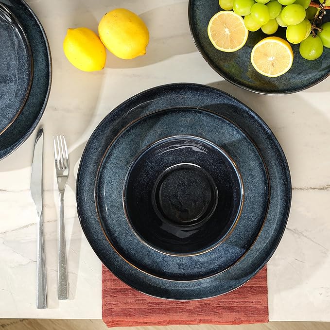 Stone Lain Mirella 24-Piece Stoneware Dinnerware Set Service for 8 – Reactive Glaze Deep Blue – Includes Dinner Plates Salad Plates and Bowls – Modern Organic Design