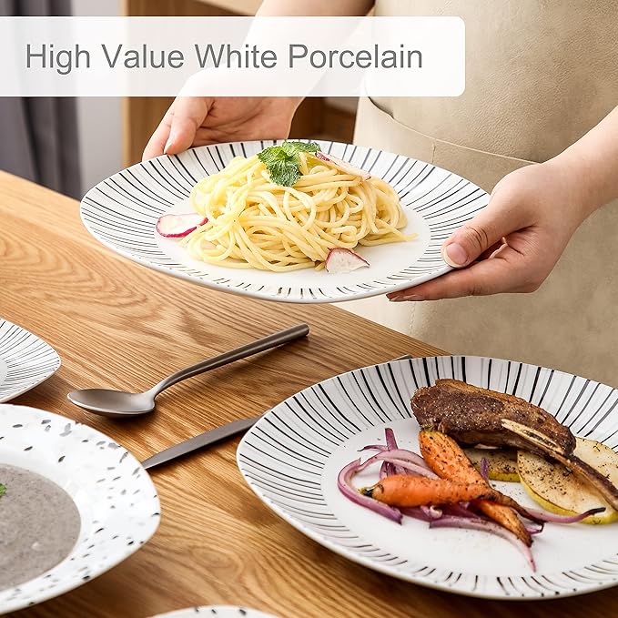 VEWEET Series BESLEY 30-Piece Ivory White Black Lines Porcelain China Ceramic Dinner Combi-Set with Dessert Plates/Soup Plates/Dinner Plates/Cups/Saucers Service for 6
