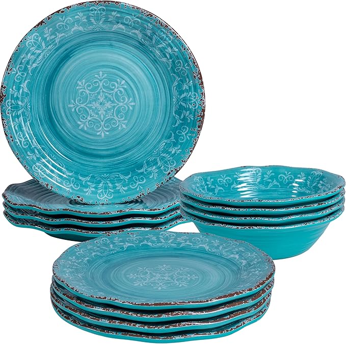 LEHAHA 12pcs Melamine Dinnerware Set .Service for 4 Farmhouse plates and bowls dishes sets Non-breakable Lightweight Dining Serving TablewareGreat for PartyCamping and RV Dishwasher Safe Teal