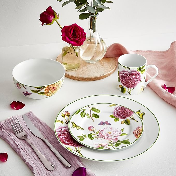 Portmeirion Home Roses 16 Piece Set - Delicate Pink Rose &amp Butterfly Pattern Dishwasher Safe Porcelain Dinnerware for Garden Parties Bridal Showers Tea Time &amp Family Gatherings - 10.5 Plat