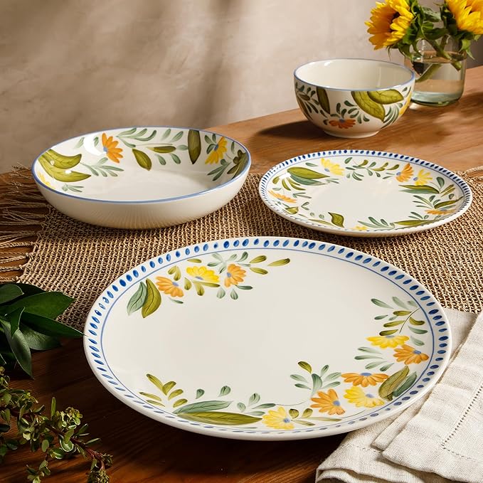 Bloomhouse - Two Time Oprah's Favorite Things Winner - Posy Blossom Double Bowl Hand Painted Stoneware Plates and Bowls Floral Dinnerware Set Service for Four (16pcs)