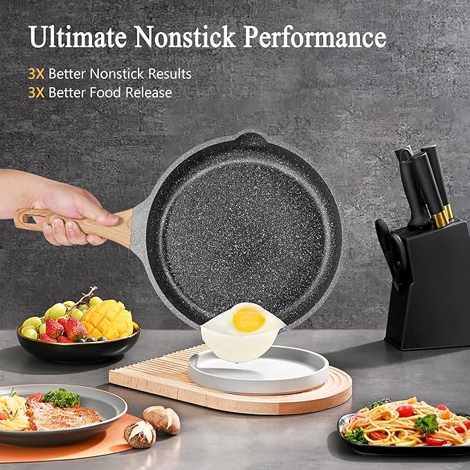 YIIFEEO Non Stick Frying Pan Set with Lids Granite Skillet Set Egg Omelette Pans for Cooking Pan Set No Toxic Kitchen Cookware Set Compatible with All Stovetops (Gas &amp Induction) PFOA Free Gi