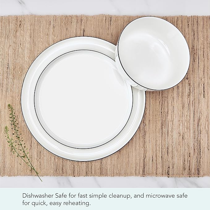 Mikasa Samantha 12 Piece Bone China Dinnerware Plate and Bowl Set Service for 4 Black Banded Rim Chip-Resistant Lightweight Durable White