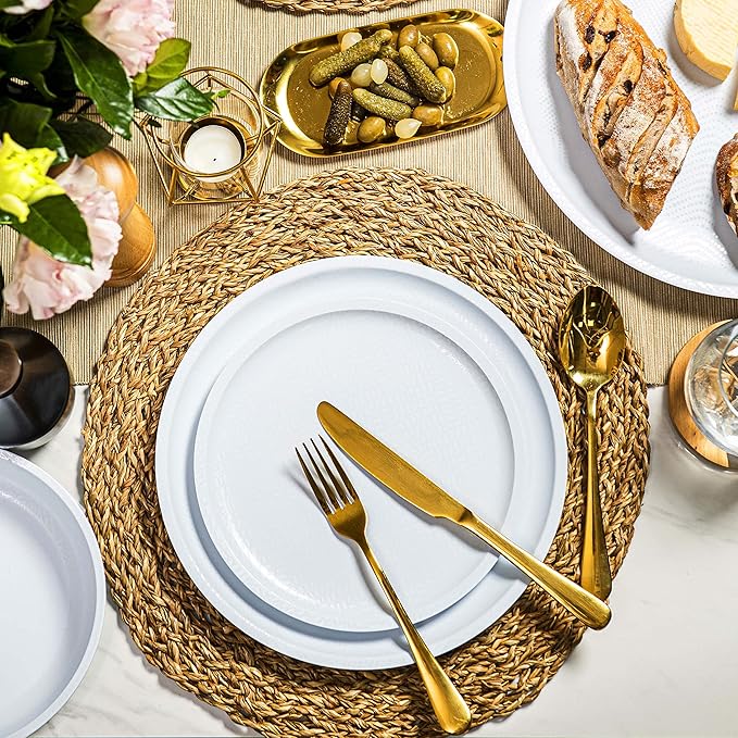 bzyoo 12 Piece Melamine Dinnerware Set - Durable Dishwasher Safe White Plates and Bowls - for Casual Dining Parties Dish Set White Mono Collection