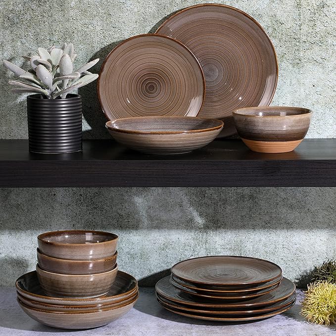Gibson Elite 16 Piece Dreamweaver Double Bowl Terracotta Reactive Dinnerware Set - Earthy Brown Service for 4 (16pcs)