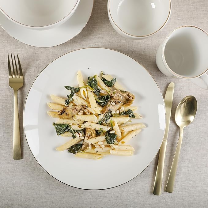 Gibson Home Ogalla 30 Piece Plates Bowls &amp Mugs Dinnerware Set - Service for 6 - White Porcelain W/Gold Band