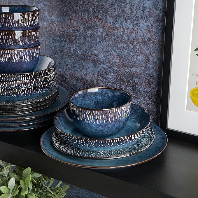 Gibson Elite Matisse 16 Piece Double Bowl Dinnerware Set Service for 4 (16pcs) Taupe and Cobalt Blue