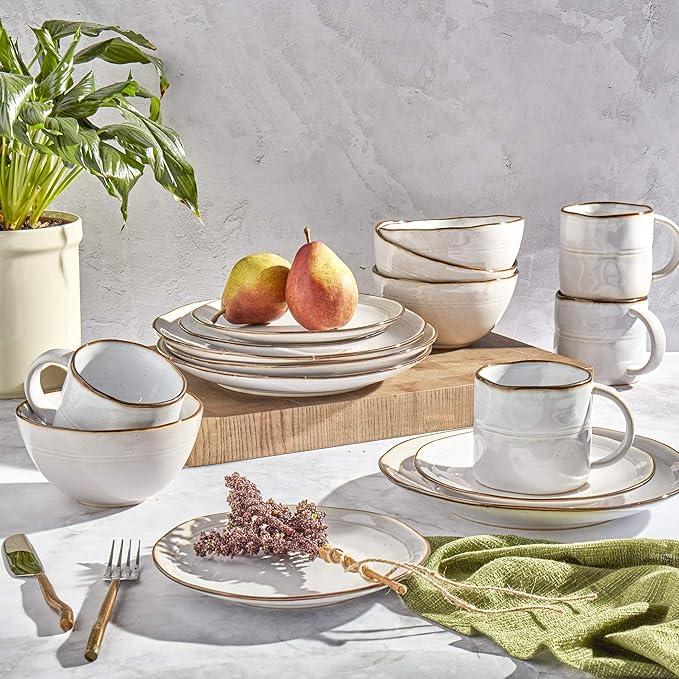 Tabletops Gallery Speckled Farmhouse Collection- Stoneware Dishes Service for 4 Dinner Salad Appetizer Dessert Plate Bowls 16 Piece Geneva Dinnerware Set