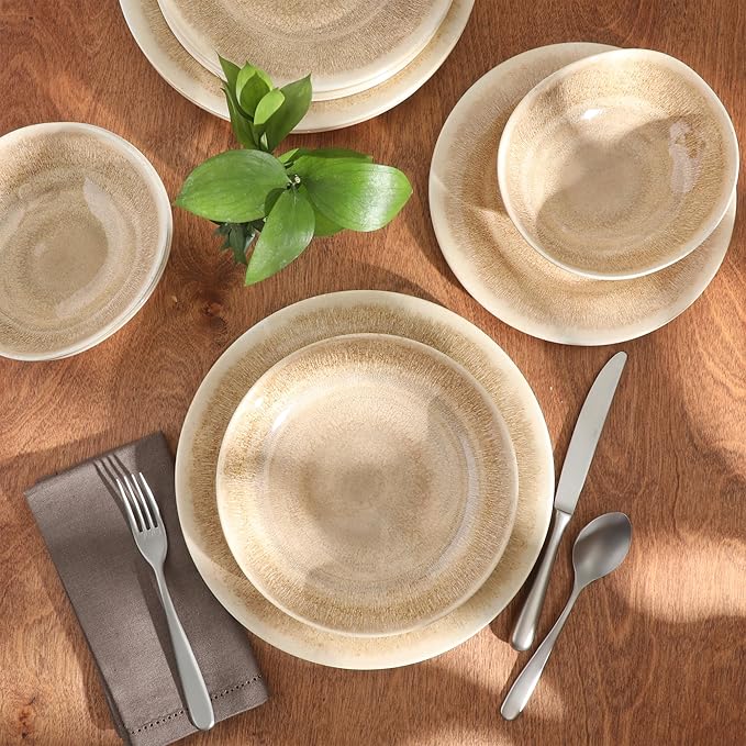 Gibson Home Casper Court 16-Piece Melamine Dinnerware Set – Beige Reactive Glaze Look Plates and Bowls Service for 4 – Top Rack Dishwasher Safe Everyday Dining Set