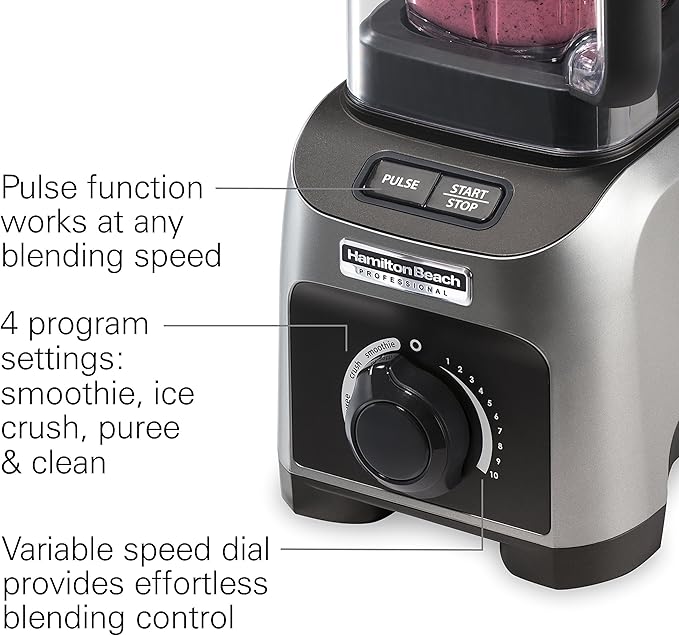 Hamilton Beach Professional Quiet Shield Blender 1500 Watts Peak Power 32oz BPA Free Jar 4 Programs &amp Variable Speed Dial for Smoothies Ice Crush Puree Silver (58870)