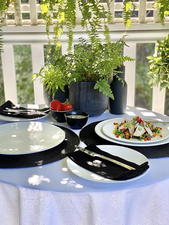 bzyoo 12 Piece White Melamine Dinnerware Set - Durable Easy to Clean Plates and Bowls - Ideals for Parties Camping Dish Set BPA Free Organica White Collection