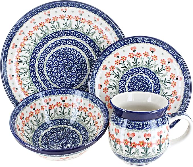 Blue Rose Polish Pottery - Orange Peach Posy 4 PC Place Setting - Service for 1-1 Place Setting - Great for Everyday Dining Casual Dining or as Formal Dinnerware