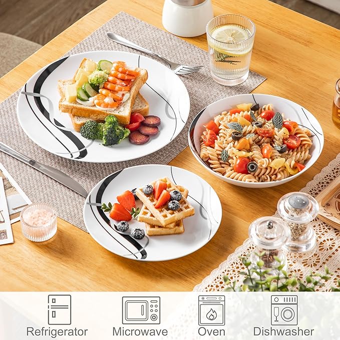VEWEET Porcelain Dinnerware Sets for 6 18 Pieces Plates and Bowls Set with Black and Grey Ribbon Lines Dishes Set Dining Ware for Dinner Microwave and Dishwasher Safe Series FIONA