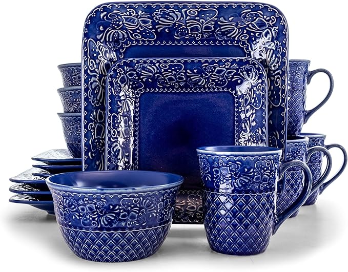 Unknown1 Indigo 16 Piece Square Stoneware Dinnerware Set Blue Textured Casual Microwave Safe Medium