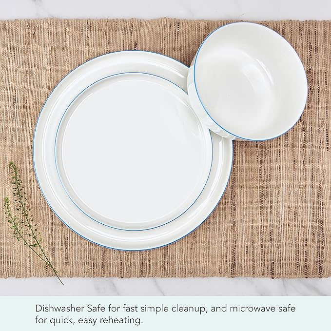 Mikasa Samantha 12 Piece Bone China Dinnerware Set Service for 4 Flat Plates and Bowl with Blue Rim Chip-Resistant Lightweight Elegant and Durable White