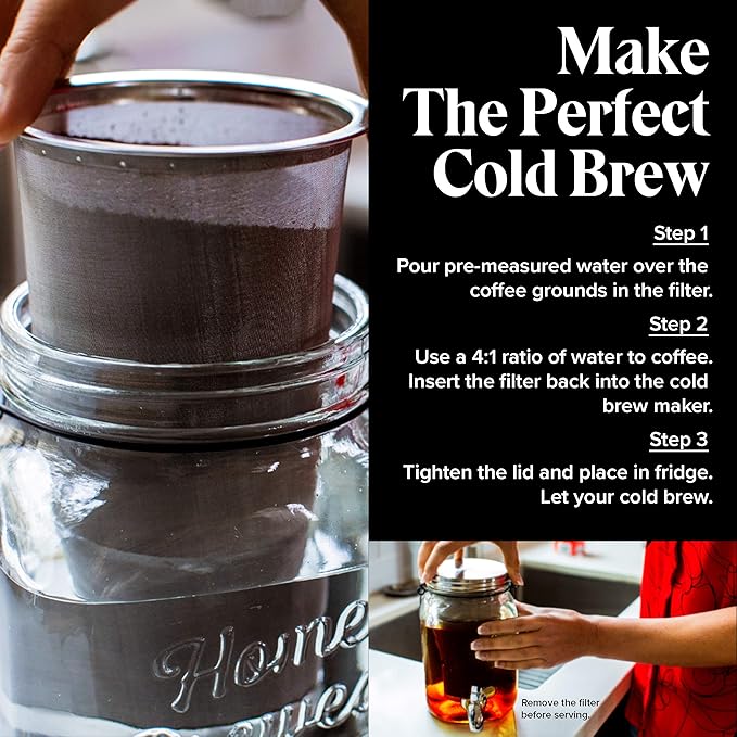 Willow &amp Everett Cold Brew Coffee &amp Iced-Tea Maker Pitcher 2 L Glass Dispenser w/Metal Spigot &amp Mesh Filter Iced Coffee &amp Sun Tea Brewing System