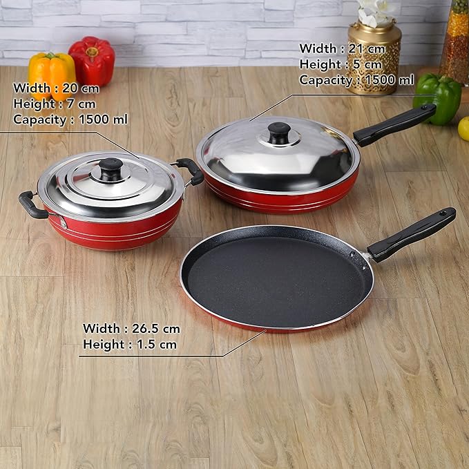 Sumeet 2.6mm Thick Non-Stick SORX Cookware Set (Dosa Tawa 26.5cm Dia + Kadhai with Lid 1.5Ltr Capacity- 20cm Dia + Fry pan 1.5Ltr Capacity 21cm Dia)