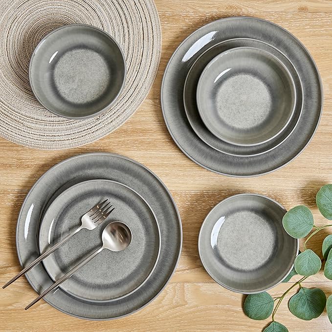 Sango Asher 12-Piece Stoneware Dinnerware Set for 4 Gray Ceramic Plates and Bowls Sets Modern Dish Set with Reactive Glaze Durable Kitchen Dishes for Casual Dining Microwave &amp Dishwasher Safe