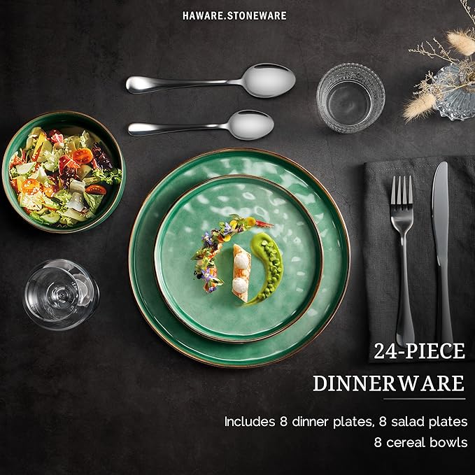 HaWare Dinnerware Sets 24-Piece Plates and Bowls Set Stoneware Dish Set for 8 Ceramic Dinnerware for Home Restaurant Chip and Scratch Resistant Microwave and Dishwasher Safe Reactive Green