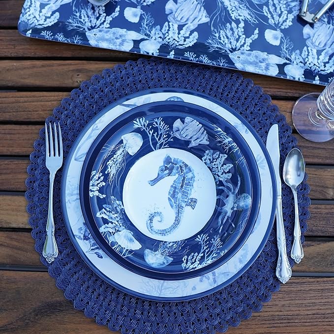 Sea Life Melamine 12 Piece Dinnerware Set – Service for 4 Coastal Themed Plates and Bowls with Ocean Art Reusable Nautical Dinnerware for Indoor/Outdoor Dining Dishwasher Safe Break-Resistant