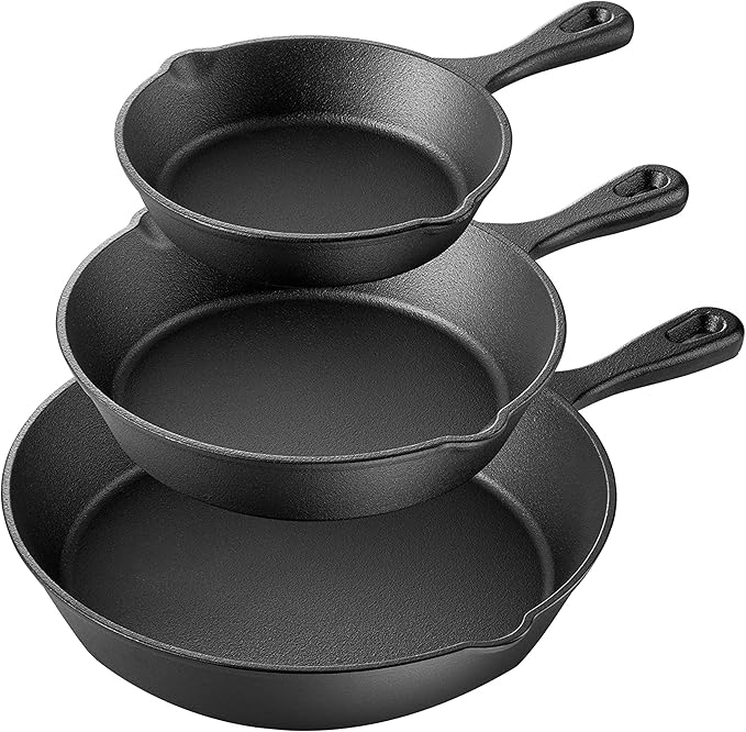 Megachef Skillet Trio Pre-Seasoned Cast Iron Cookware Set 3 Piece Black