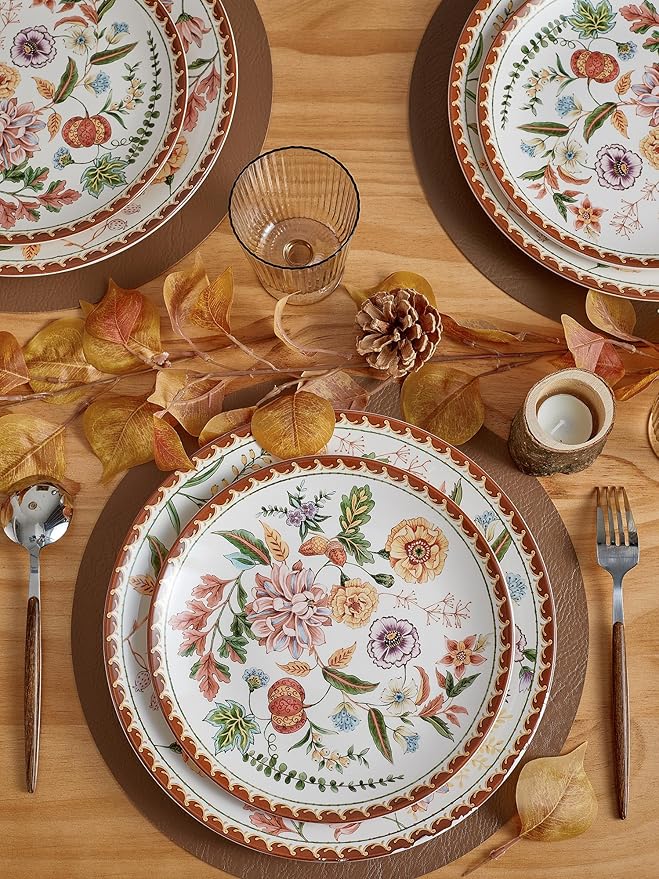 Bico Blooming Moment Ceramic 16 pcs Dinnerware Set Service for 4 Inclusive of 11 inch Dinner Plates 8.75 inch Salad Plates 26oz Cereal Bowls and Mugs for Party Microwave &amp Dishwasher Safe
