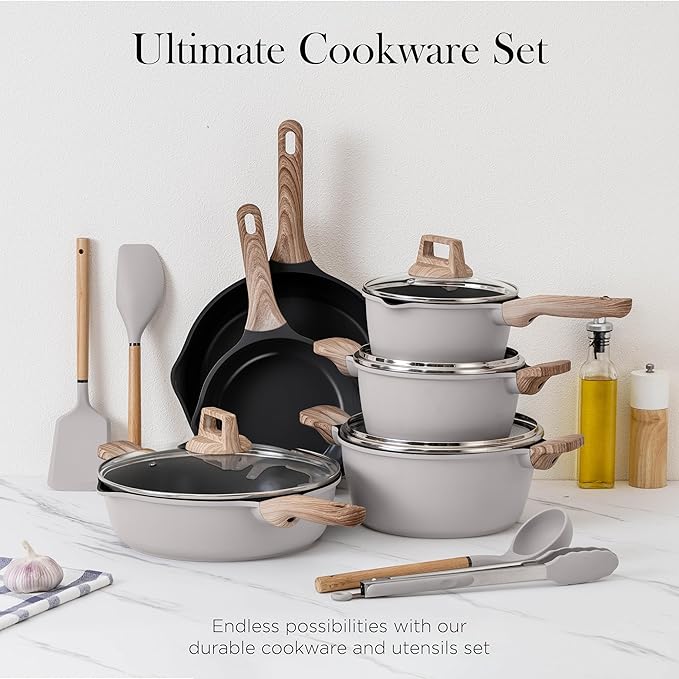 Country Kitchen Pots and Pans Set Nonstick Cast Aluminum Kitchen Cookware Set with Utensils 14 Pcs Non Stick Cooking Set w/Frying Pans &amp Saucepans Grey