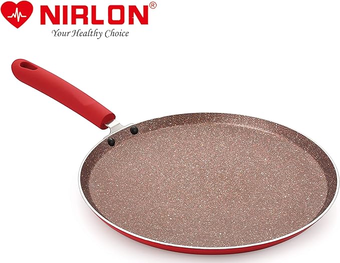 Nirlon Red Stone Induction and Gas Compatible Non Stick Aluminium 2 Piece Cookware Set [1 Flat Roti Tawa 26cm|1 Fry Pan 24cm - 1.5 Liter]