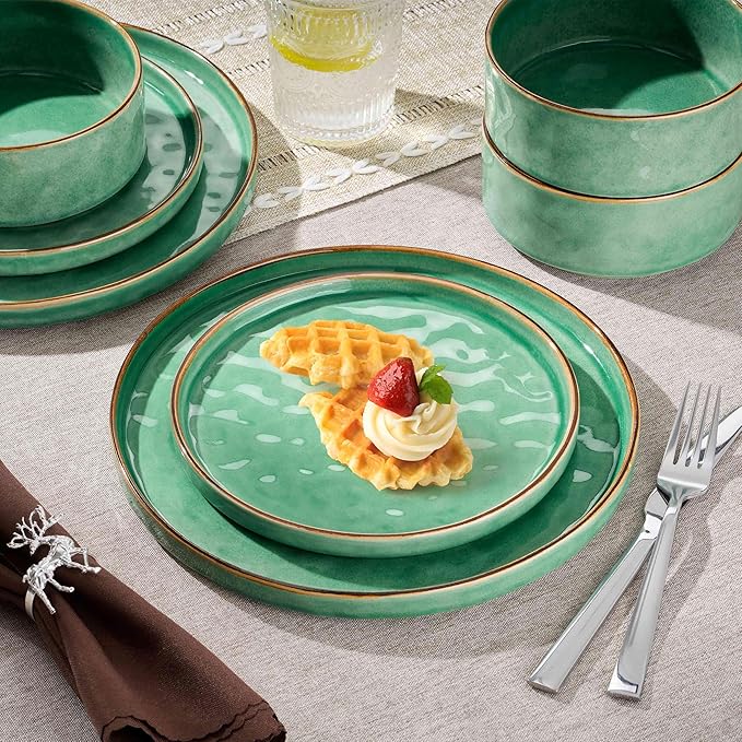 Herogo 12 Pieces Dinnerware Dish Sets for 4 Plates and Bowls Sets for Home Kitchen Ceramic Dining Dishware Dishwasher &amp Microwave Safe Gemstone Green
