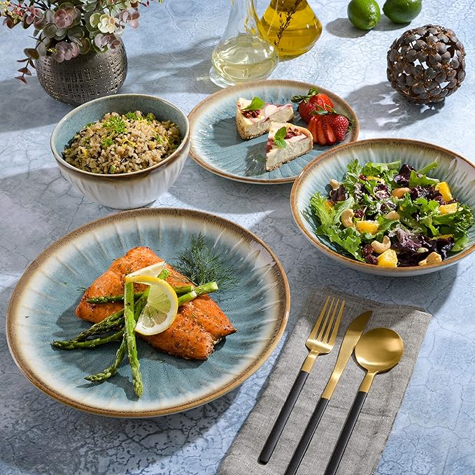 Gibson Elite Mayfair Bay 16-Piece Embossed Double Bowl Dinnerware Set Service for 4 – Blue Stoneware Plates and Bowls