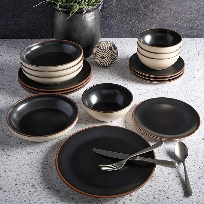 Gibson Elite Contempo Classic Double Bowl Dinnerware Set Service for 4 (16pcs) Black
