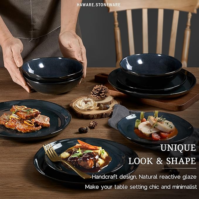 HaWare Plates and Bowls Set Stoneware Dinnerware Sets 18-Piece Hand-painted Dishware for 6 Ceramic Dinner Set for Home Kitchen Microwave and Dishwasher Safe Reactive Starry Blue