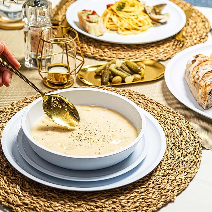 bzyoo 12 Piece Melamine Dinnerware Set - Durable Dishwasher Safe White Plates and Bowls - for Casual Dining Parties Dish Set White Mono Collection