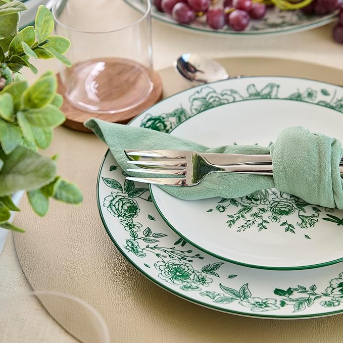 Stone Lain Esme 32-Piece Dinnerware Set Porcelain Plates and Bowls Set Cereal and Patsa Bowls Dish Set for 8 Green