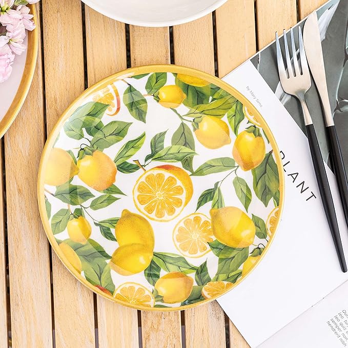 Melamine Dinnerware Sets- 12pcs Melamine Plates and Bowls Set for 4Indoor and Outdoor Dinnerware Lemon dinnerware set