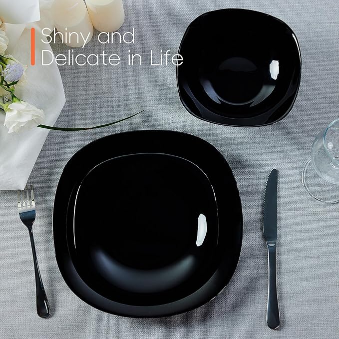 Square Dinnerware Sets for 4 12 Pieces Opal Glass Plates and Bowls Set Dishwasher and Microwave Safe Dish Dinning Ware Set Chip and Scratch Resistant Dishware Sets Black