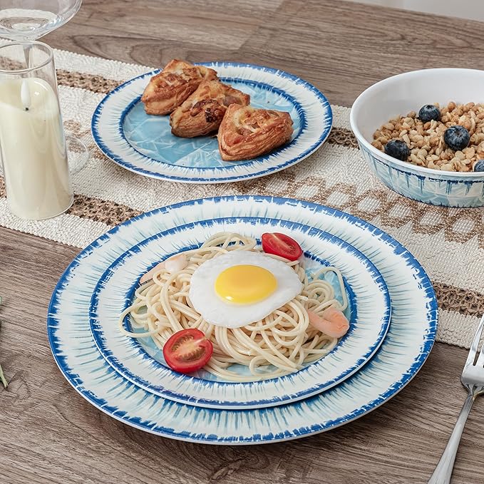 12 Piece Melamine Plates and Bowls Dinnerware Set Lightweight Unbreakable Modern Dishes Set Great for Outdoor Camping &amp Everyday Use Service for 4 BPA Free Light Blue