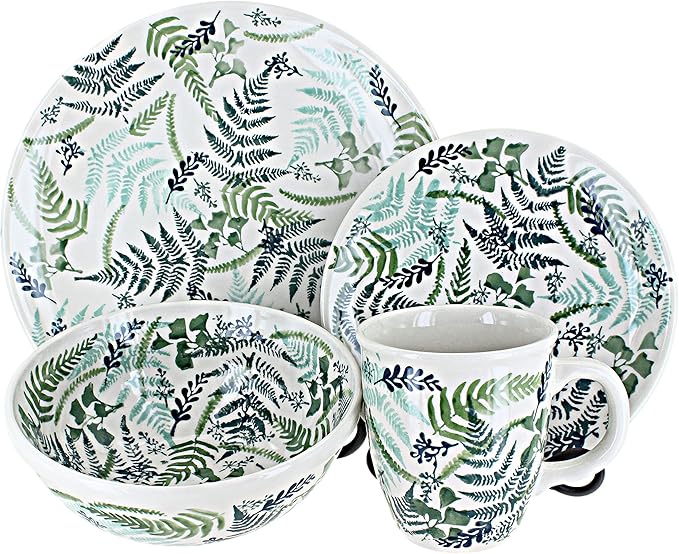 Blue Rose Polish Pottery - Green Woodland Fern 16 Piece Dinner Set - 4 Place Settings - Great for Everyday Dining Casual Dining or as Formal Dinnerware