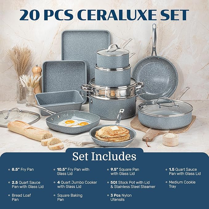 Granitestone Ceraluxe 20 Pc Ceramic Cookware Set Nonstick Complete Pots and Pans Set Non Stick for Kitchen with Bakeware Utensils &amp Steamer Non Toxic Made Without PFOA PFOS Oven &amp Dishwash
